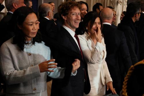 Priscilla Chan, Meta and Facebook CEO Mark Zuckerberg, and Lauren Sánchez attend the inauguration of U.S. President Donald Trump in the Rotunda of the U.S. Capitol on January 20, 2025 in Washington, DC.