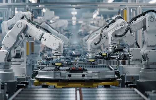 Row of White Robotic Arms at Modern Factory