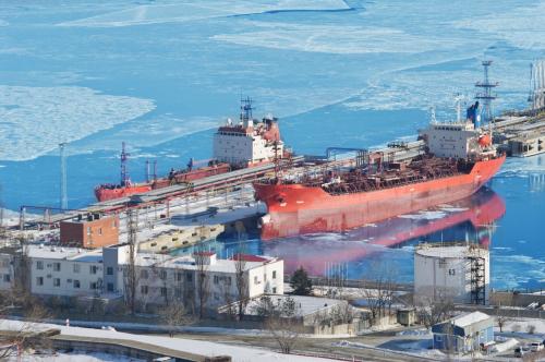 Oil tanker docked in icy waters