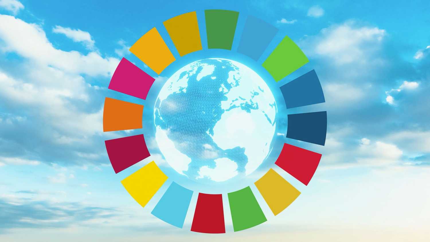 Globe focused on Africa, surrounded by the colors of the Sustainable Development Goals