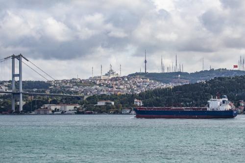 Freighters cross the Bosporus strait, a narrow natural strait and an internationally significant waterway located in northwestern Turkey, in Istanbul.