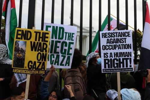 Protesters wave pro-Palestinian signs in front of the White House in in Washington, D.C., Saturday, Nov. 4, 2023.