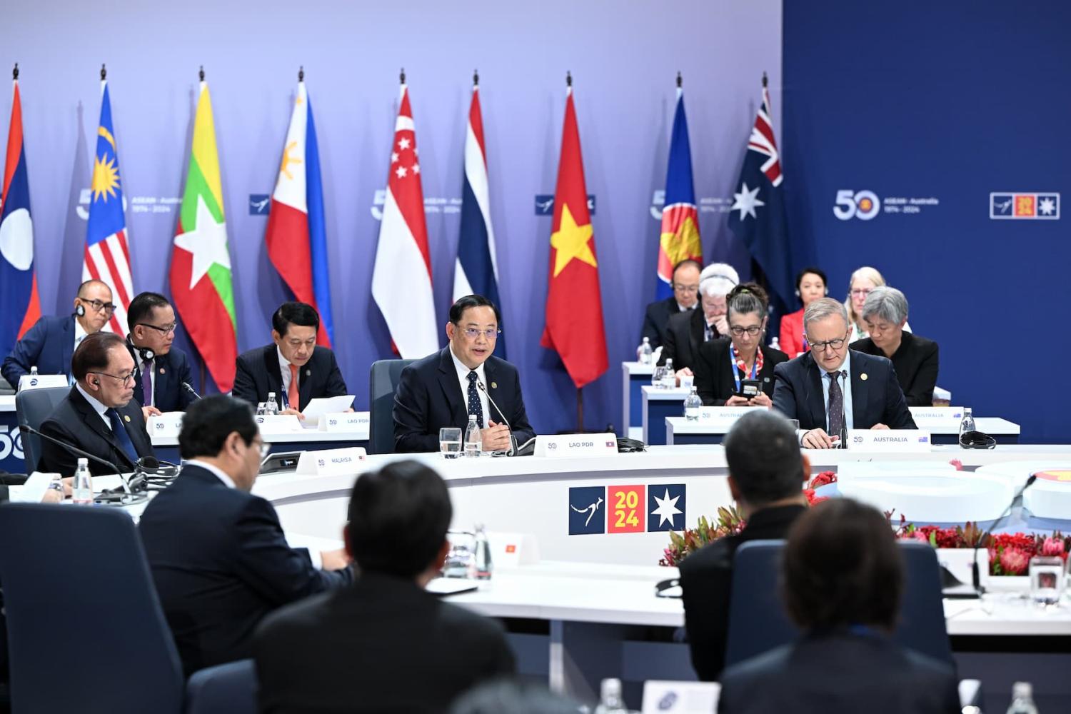 Secretary-General of ASEAN Dr. Kao Kim Hourn (center) gives an address to the Leaders’ Plenary during the 2024 ASEAN-Australia Special Summit at the Melbourne Convention and Exhibition Centre in Melbourne, Australia on Wednesday, March 6, 2024.