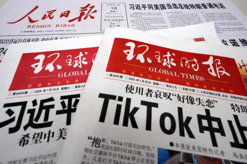 Major Communist Party newspapers in China report on its front page articles related to U.S.-China relations, including the telephone talks between Chinese President Xi Jinping and U.S. President-elect Trump, and the temporary suspension of TikTok services in the U.S., in Beijing, China, January 20, 2025.