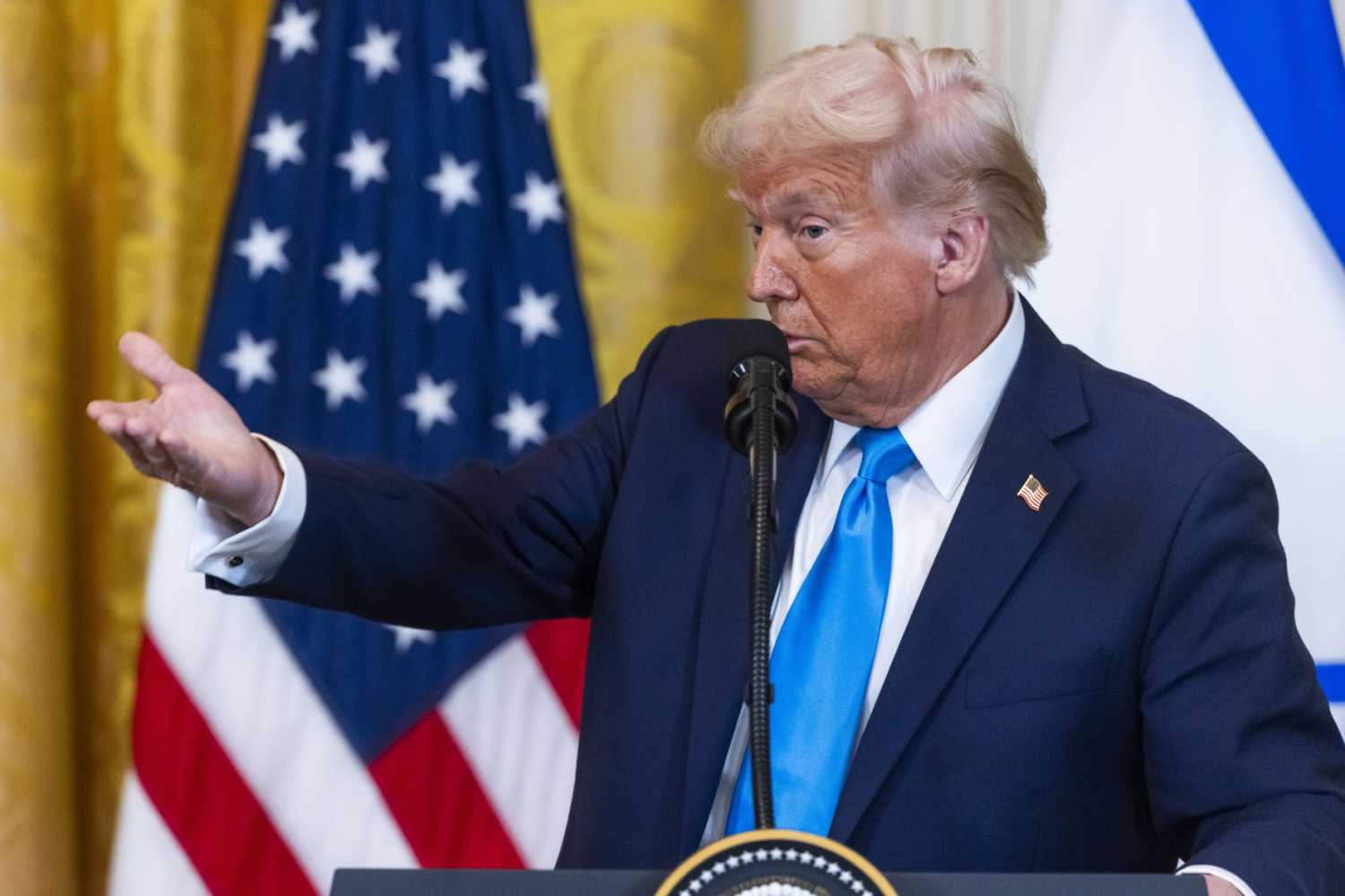 U.S. President Donald Trump speaks at a press conference with Israeli Prime Minister Benjamin Netanyahu (not pictured) in the East Room of the White House in Washington, DC where he said that the he wants the U.S. to take an ‘ownership position’ of Gaza, 04 February 2025.