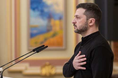 Ukrainian President Volodymyr Zelensky speaks during a ceremony honouring the Ukrainian fallen soldiers in Kiev.