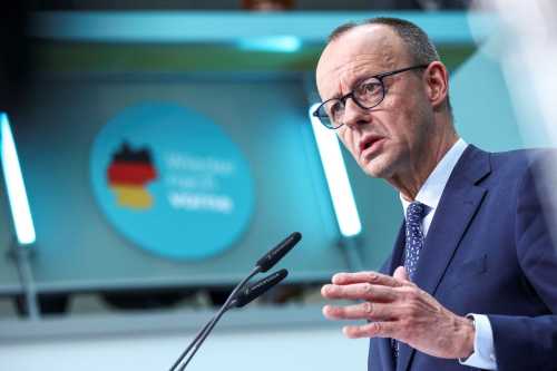 German conservative candidate for chancellor and Christian Democratic Union (CDU) party leader Friedrich Merz attends a press conference following the German general election in Berlin, Germany, February 24, 2025.