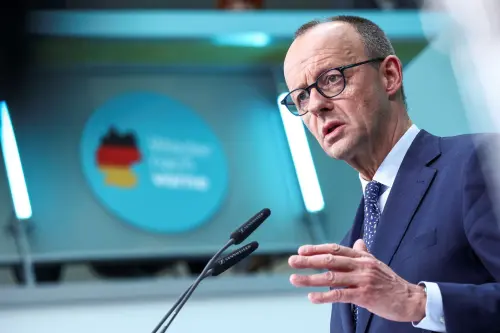German conservative candidate for chancellor and Christian Democratic Union (CDU) party leader Friedrich Merz attends a press conference following the German general election in Berlin, Germany, February 24, 2025.