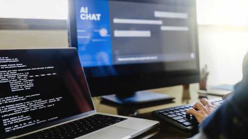 AI chat bot, Programmer using generative artificial intelligence for software development inside office. Virtual chatBot technology trend
