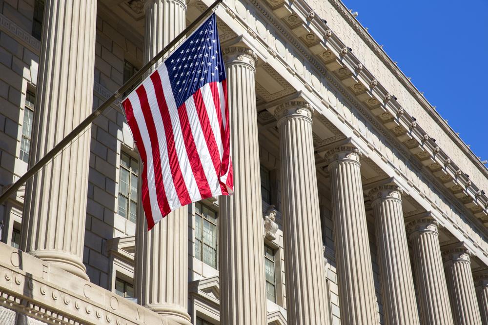Department of Commerce, Washington D.C.. American flag flying.