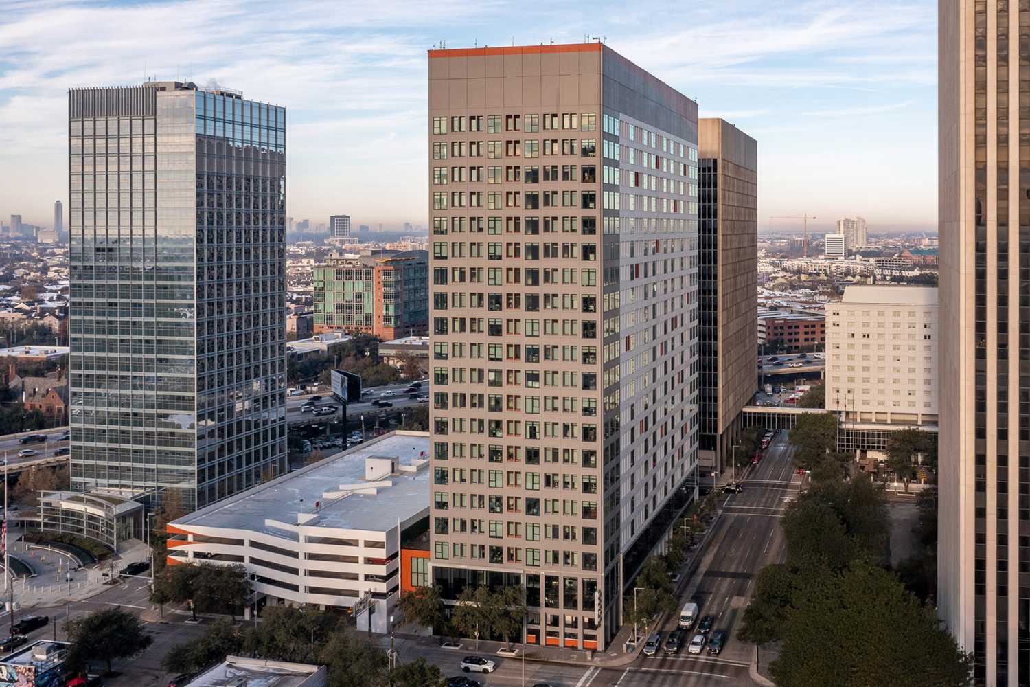 A high angle view of Houston featuring the Elev8 building