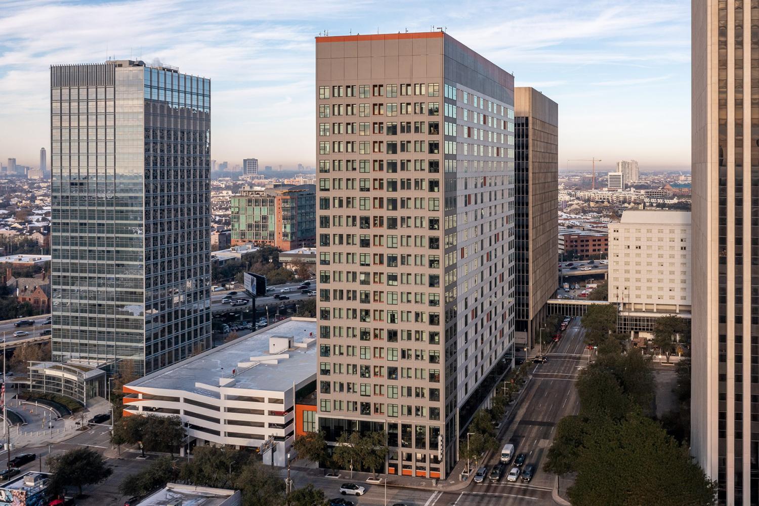 A high angle view of Houston featuring the Elev8 building