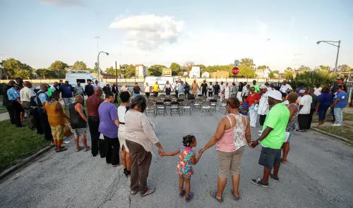The Chicago Police officers and community members gather in a prayer during "Operation Wake-Up" rally supporting efforts to help stop the violence in Chicago, Illinois, U.S., July 6, 2017. REUTERS/Kamil Krzaczynski