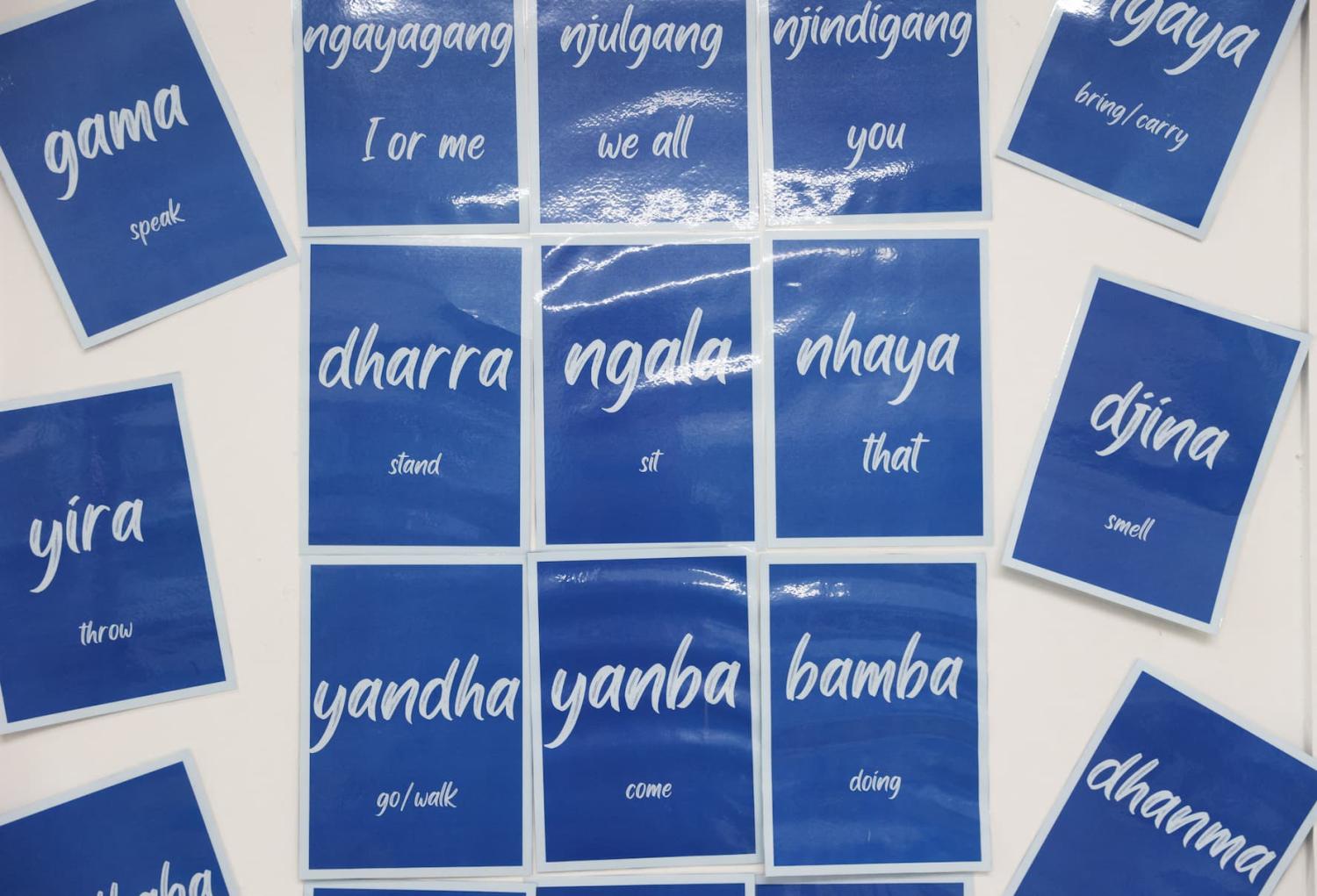 Words in the Dharawal language are shown on a classroom wall at a school in Sydney, Australia on May 11, 2023.