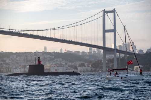 On the occasion of the 100th anniversary of the founding of the Republic of Turkey, a submarine belonging to the Turkish Navy seen during the official parade in the Bosphorus