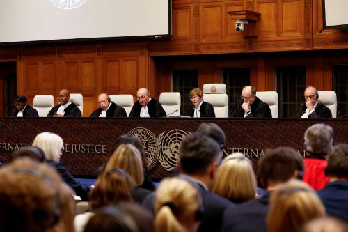 President of the International Court of Justice (ICJ) Judge Joan Donoghue speaks as the International Court of Justice (ICJ), also known as the World Court, rules on Russia's request to throw out the Ukraine genocide case in The Hague, Netherlands, February 2, 2024.