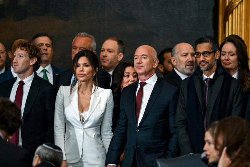 From left, Mark Zuckerberg, Lauren Sanchez, Jeff Bezos and Sundar Pichai arrive before the inauguration of Donald Trump as the 47th president of the United States takes place inside the Capitol Rotunda of the U.S. Capitol building in Washington, D.C., Monday, January 20, 2025. It is the 60th U.S. presidential inauguration and the second non-consecutive inauguration of Trump as U.S. president.