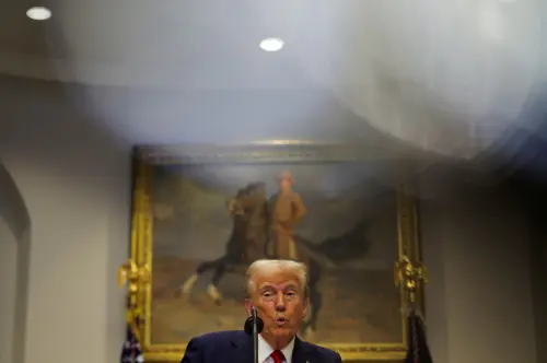 U.S. President Donald Trump stands after delivering remarks on AI infrastructure at the Roosevelt room at White House in Washington, U.S., on January 21, 2025.