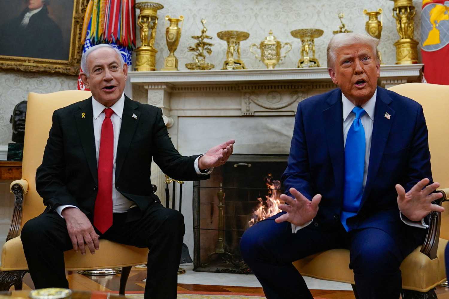 U.S. President Donald Trump and Israeli Prime Minister Benjamin Netanyahu meet at the White House in Washington, U.S., February 4, 2025.