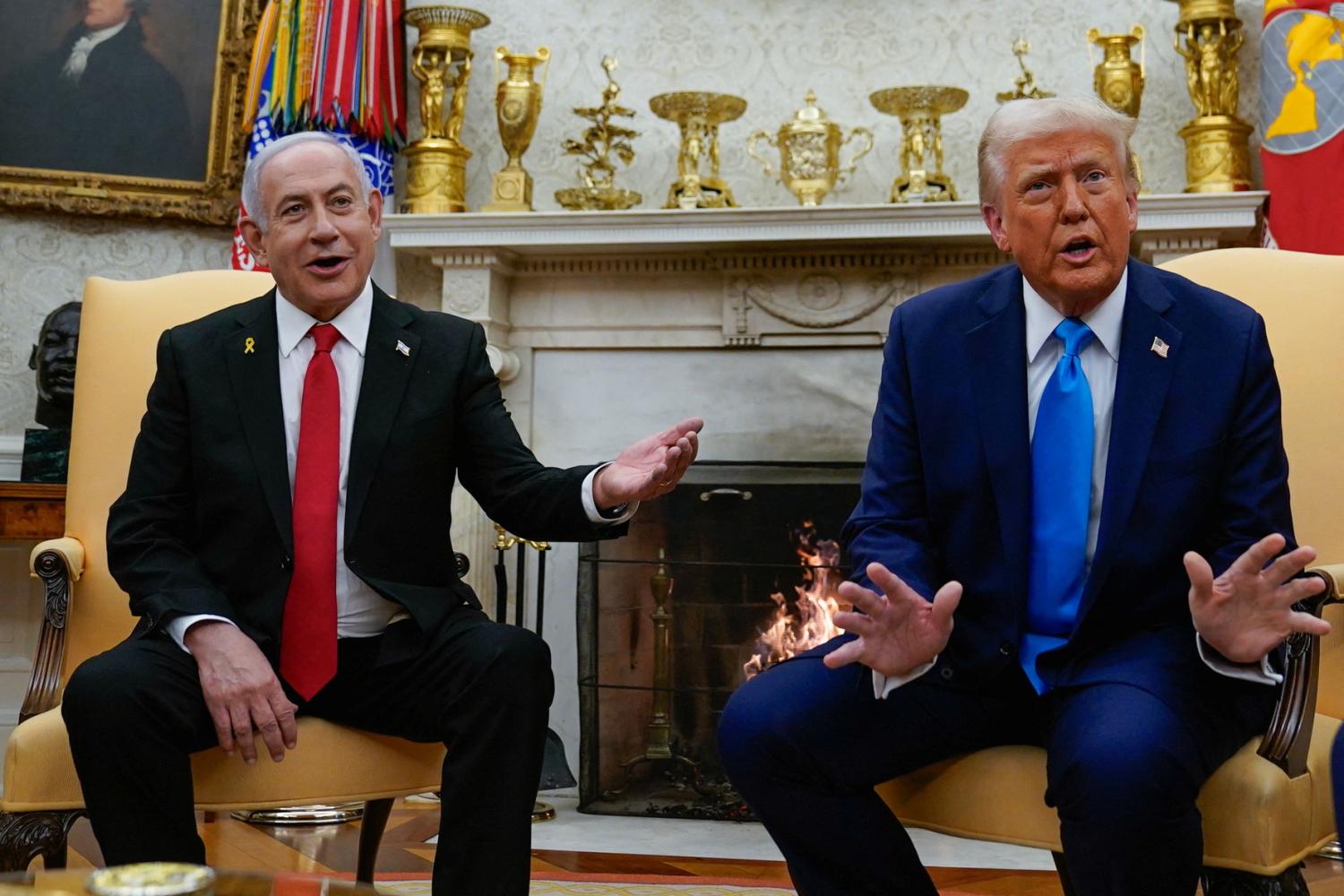 U.S. President Donald Trump and Israeli Prime Minister Benjamin Netanyahu meet at the White House in Washington, U.S., February 4, 2025.