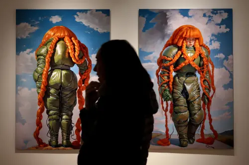 Artists Holly Herndon and Mat Dryhurst's Embedding Study 1 and Embedding Study 2 are displayed during a preview for a first-ever AI-dedicated art sale at Christie's Auctions in New York City, U.S., February 5, 2025.