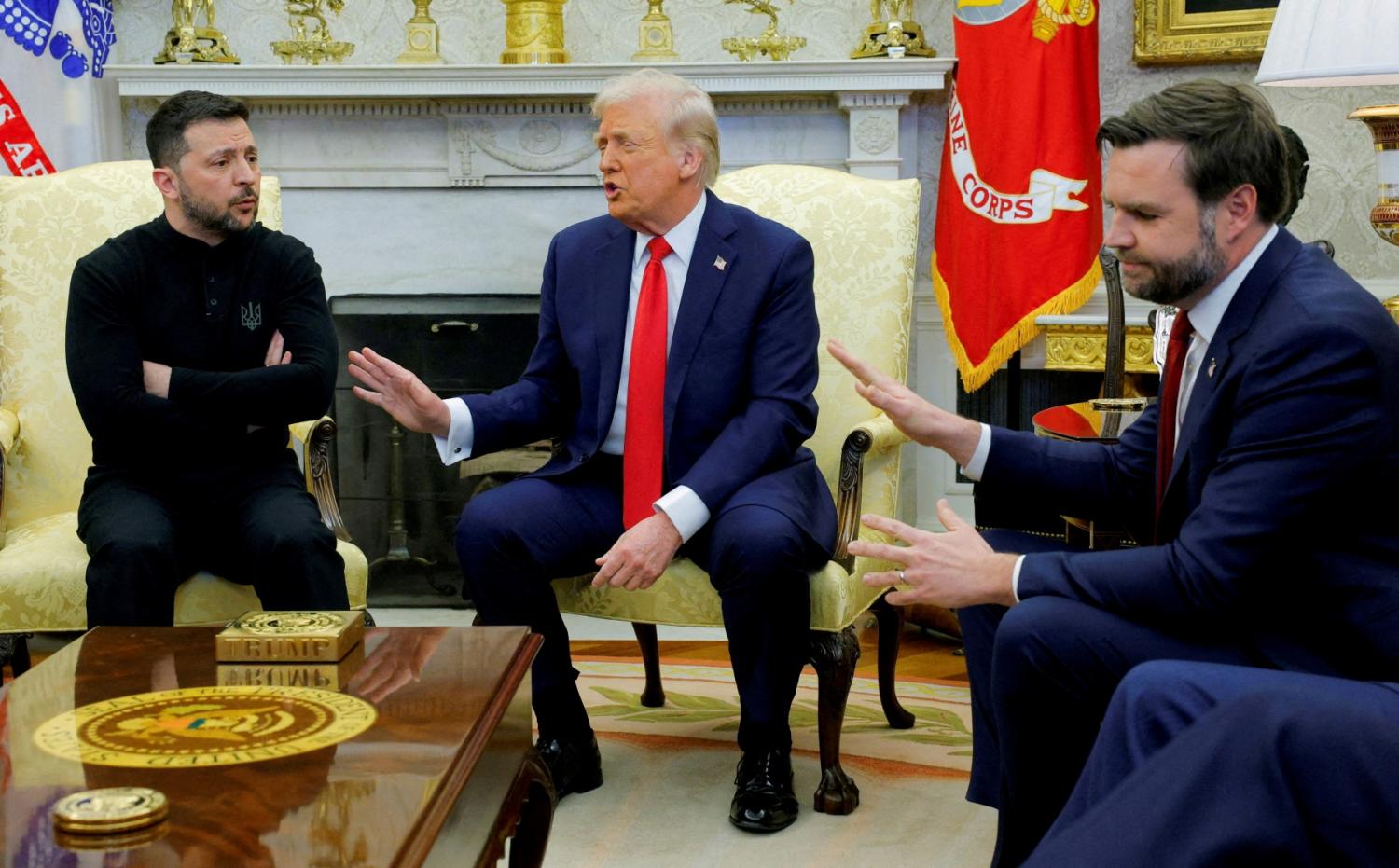 U.S. President Donald Trump meets with Ukrainian President Volodymyr Zelenskiy as U.S. Vice President JD Vance reacts at the White House in Washington, D.C., U.S., February 28, 2025.