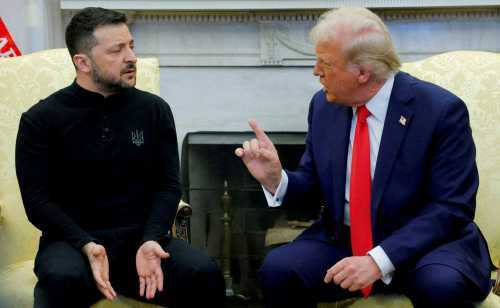 U.S. President Donald Trump meets with Ukrainian President Volodymyr Zelenskiy at the White House in Washington, D.C., U.S., February 28, 2025.