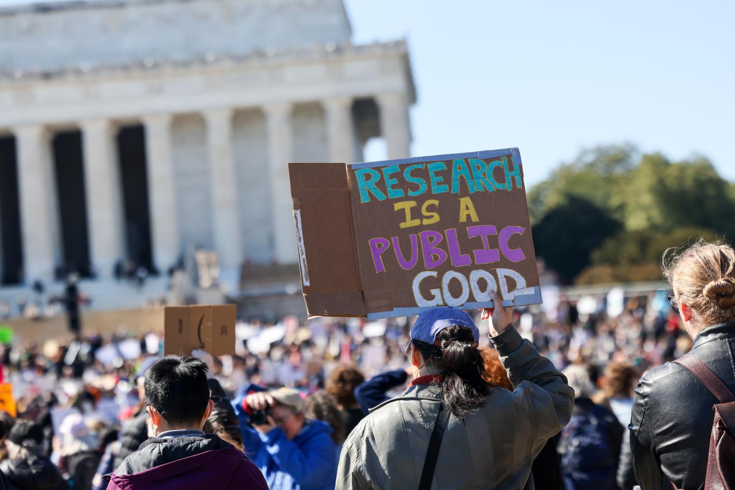 Thousands of scientists, researchers, medical survivors, and supporters united to champion the sciences in America, rallying against funding cuts from the Trump administration and DOGE at the Lincoln Memorial in Washington DC, USA, on March 7, 2025.