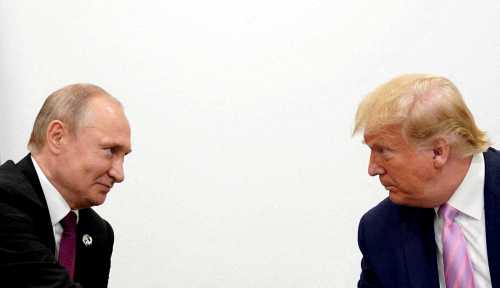 U.S. President Donald Trump and Russian President Vladimir Putin hold a bilateral meeting at the G20 leaders summit in Osaka, Japan June 28, 2019.