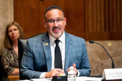U.S. Secretary of Education Miguel Cardona speaking at a hearing of the Senate Appropriations Committee in Washington, DC, USA on June 16, 2021.