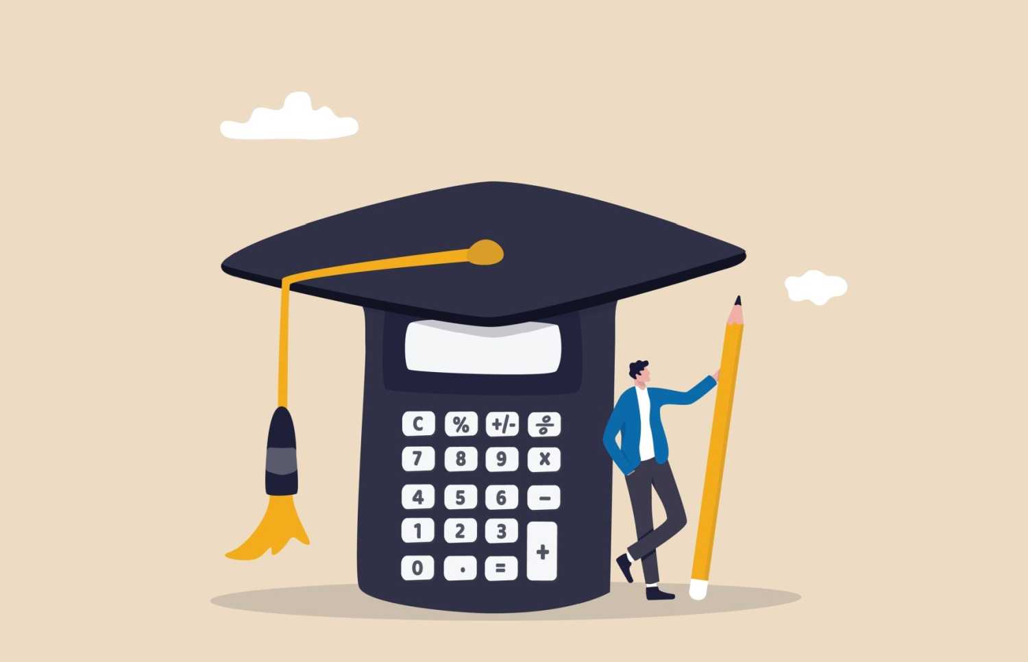 cartoon illustration of a young man leaning against a calculator (approximately 10 feet tall) (the calculator, not the young man) wearing a graduation cap (the calculator, not the young man), holding a pencil approximately 8 feet long (the young man, not the calculator)