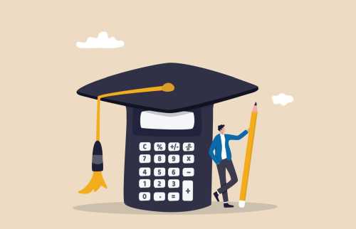 cartoon illustration of a young man leaning against a calculator (approximately 10 feet tall) (the calculator, not the young man) wearing a graduation cap (the calculator, not the young man), holding a pencil approximately 8 feet long (the young man, not the calculator)