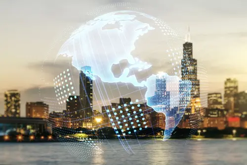 Virtual digital map of North America on Chicago skyline background