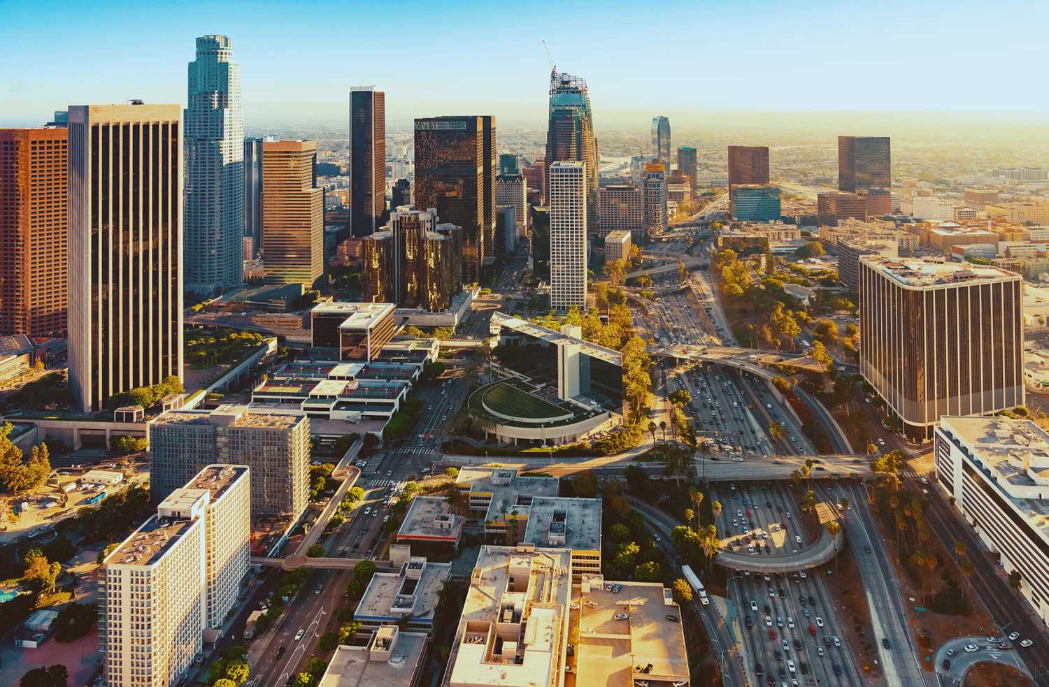 Aerial view of a Downtown Los Angeles at sunset