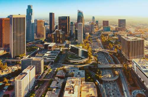 Aerial view of a Downtown Los Angeles at sunset