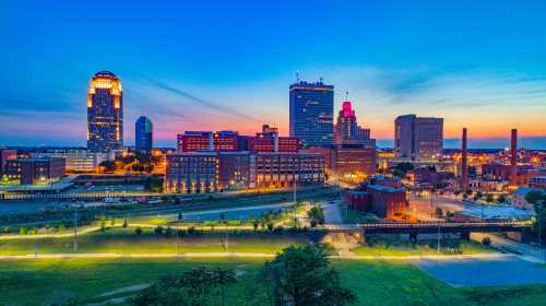 Winston-Salem North Carolina Downtown Skyline Aerial at Sunset.