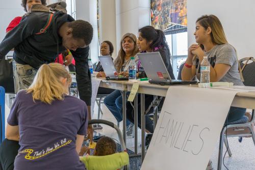 Houston, Texas, August 30, 2017: Another shelter opens at NRG Center as refugees seek safety in Houston.Trained support workers check in new flood evacuees