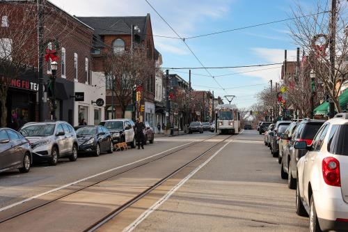 Media, Pennsylvania, USA - Jan 1, 2023: A SEPTA tram is going through Media historic downtown on the first day of 2023