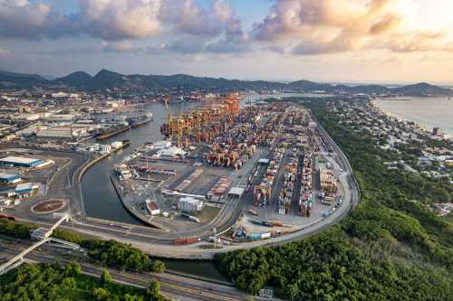 Aerial view of a busy port