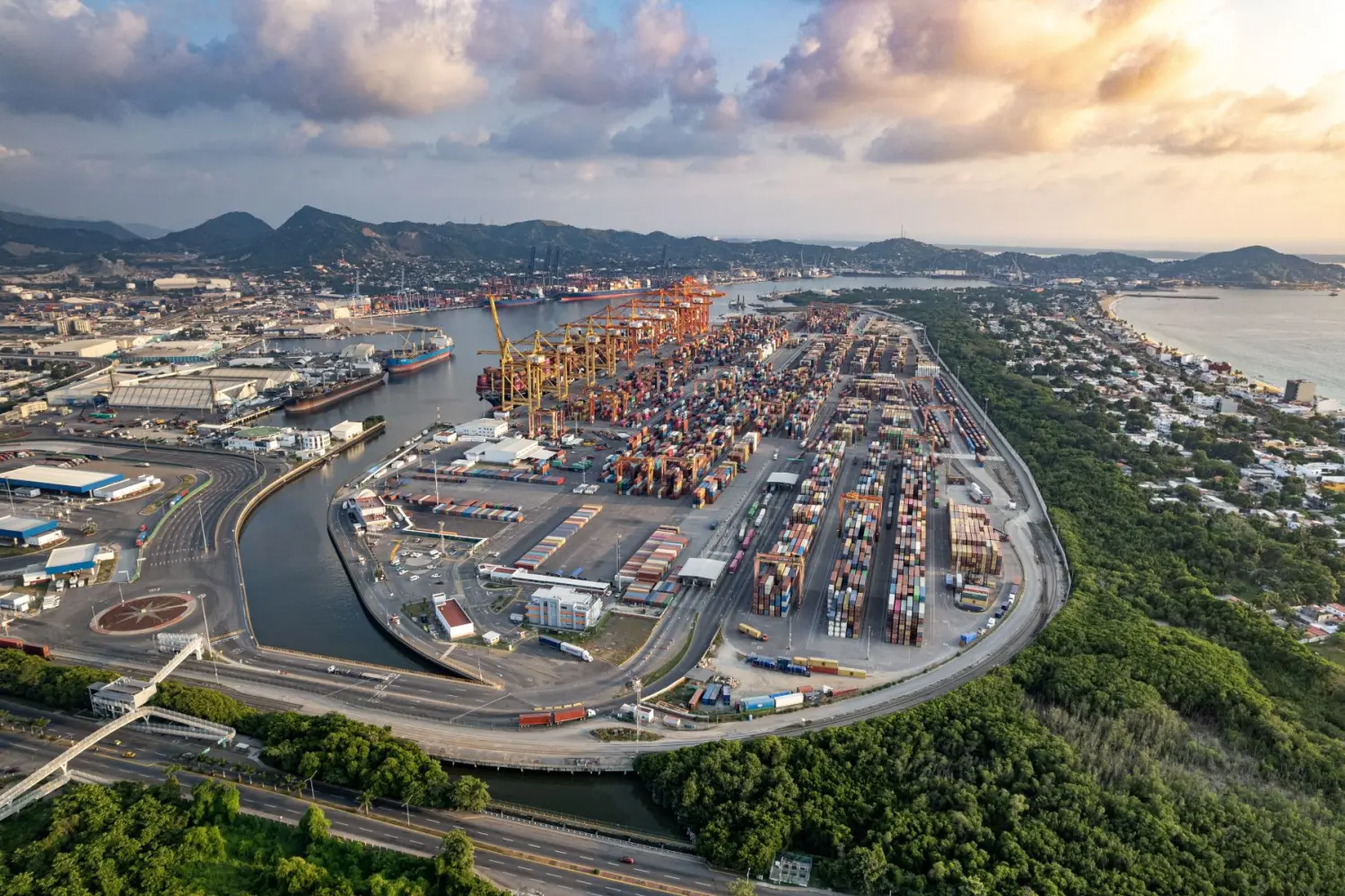 Aerial view of a busy port