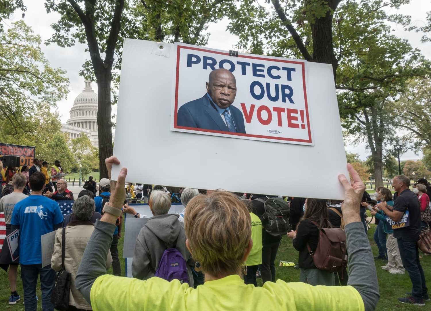 Demonstrators at the Freedom to Vote rally in Washington, D.C. on October 23, 2021, gathered to protest recent anti-voter legislation across the country.