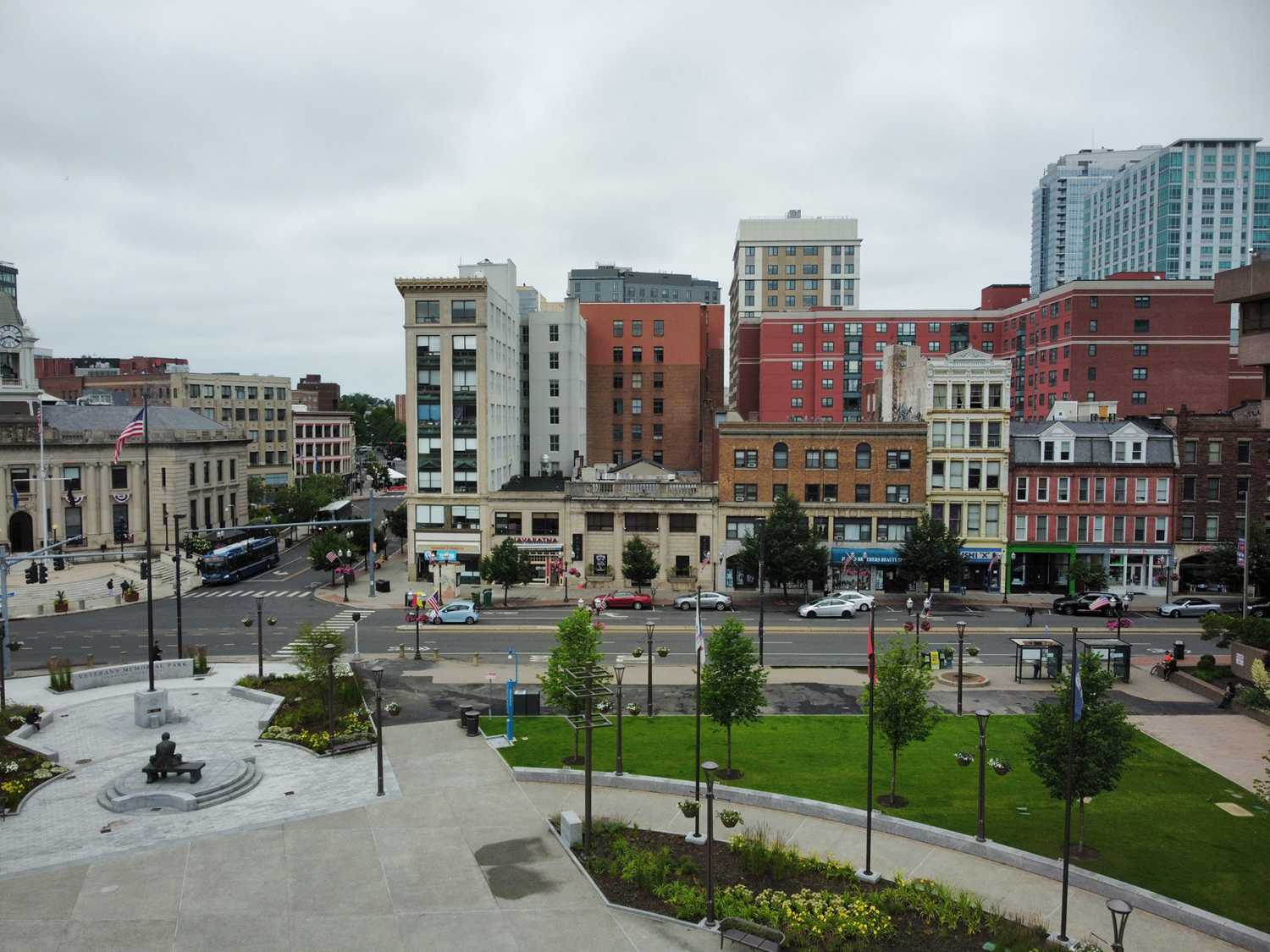 Stamford, Connecticut USA - June 25. 2021:Newly renovated Vet's Park and Atlantic St. Buildings in downtown Stamford.