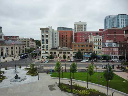 Stamford, Connecticut USA - June 25. 2021:Newly renovated Vet's Park and Atlantic St. Buildings in downtown Stamford.