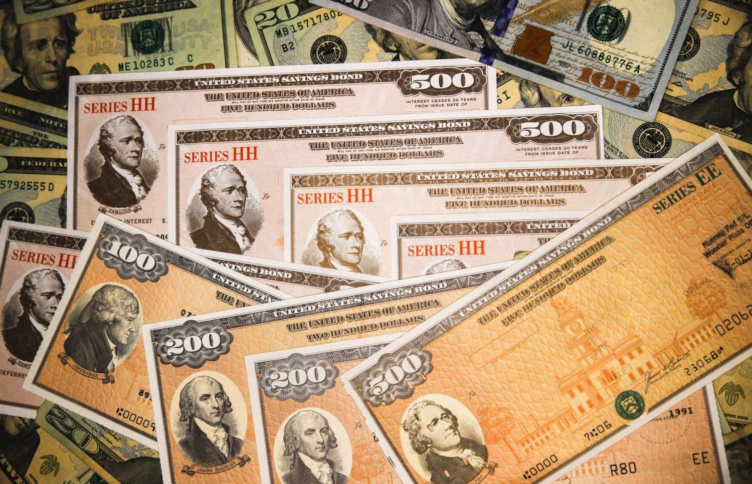 Pile of Treasury Certificates and dollar bills.