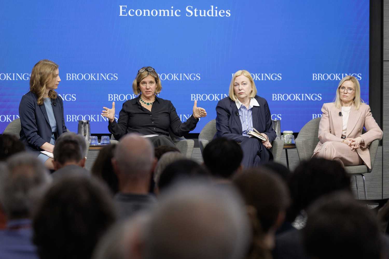 Ana Swanson, Sarah Bianchi, Mary Lovely, and Kelly Ann Shaw at the April 3, 2025 event at the Brookings Institution.