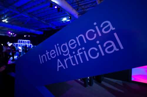 "Inteligencia Artificial" (Artificial Intelligence) is seen on a sign at the "IT Joven" technology fair in Buenos Aires, Argentina, in April 2023.