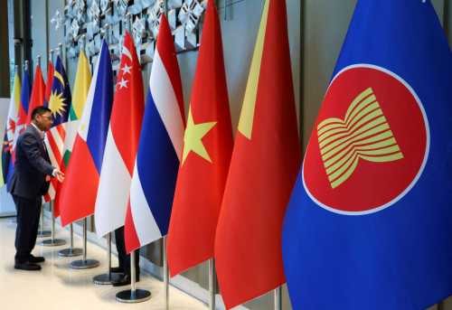 The ASEAN flag is placed alongside the flags of its member countries ahead of the ASEAN Foreign Ministers' Retreat in Langkawi, Malaysia January 17, 2025.