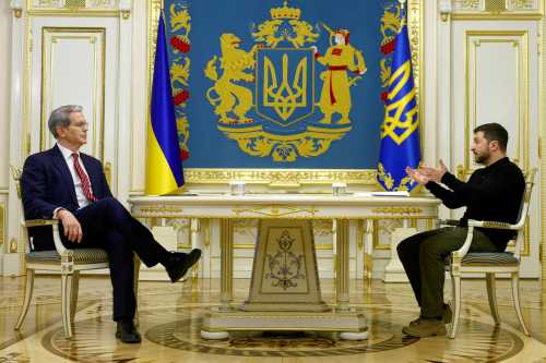 Ukrainian President Volodymyr Zelenskyy meets with U.S. Secretary of the Treasury Scott Bessent, amid Russia's attack on Ukraine, in Kyiv, Ukraine, February 12, 2025.