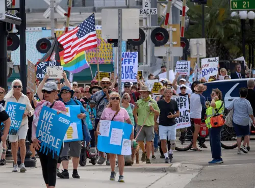“Hands Off” protesters march along Hollywood Blvd in Hollywood, Florida. More than 2,000 people joined the demonstration—part of a nationwide wave of over 1,000 protests across all 50 states on Saturday, April 5, 2025. The rallies erupted just two days after Donald Trump and Elon Musk announced sweeping new tariffs, sparking widespread concern over their potential impact on both the U.S. and global economies.