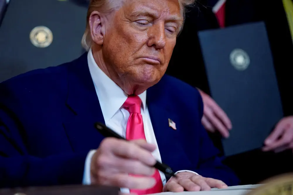U.S. President Donald Trump signs an energy-related executive order at the White House in Washington, D.C., U.S., on April 8, 2025.